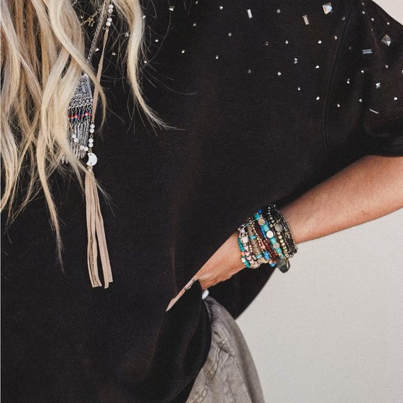 THREE BIRDS NEST Black Short Sleeve Top with Studded Detail - Picture 2 of 4